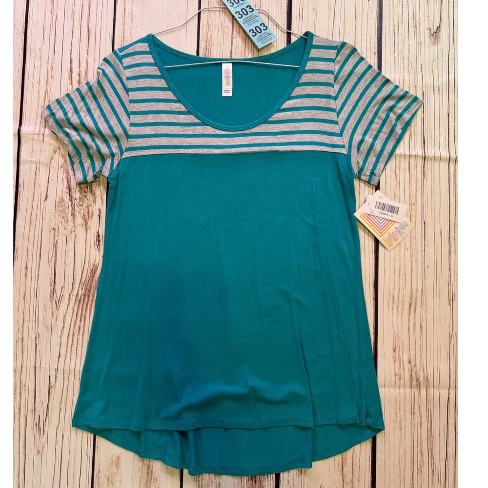 LuLaRoe Classic T Teal Green Gray Striped Colorblock High Low Top Small NWT